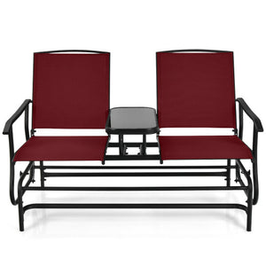 2-Person Double Rocking Loveseat with Mesh Fabric and Center Tempered Glass Table-Red