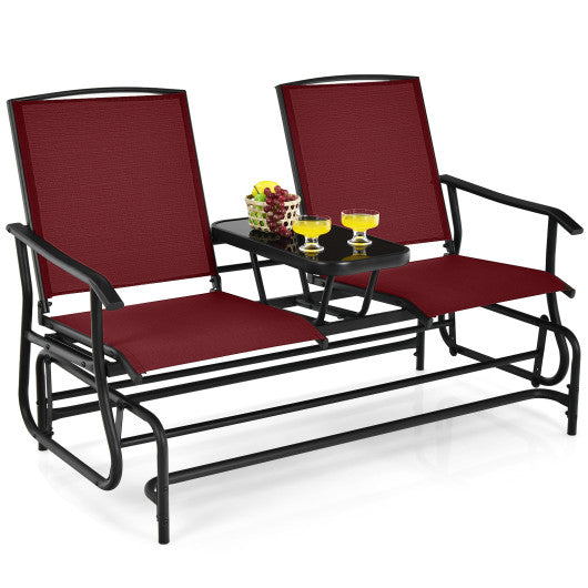 2-Person Double Rocking Loveseat with Mesh Fabric and Center Tempered Glass Table-Red