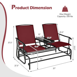 2-Person Double Rocking Loveseat with Mesh Fabric and Center Tempered Glass Table-Red