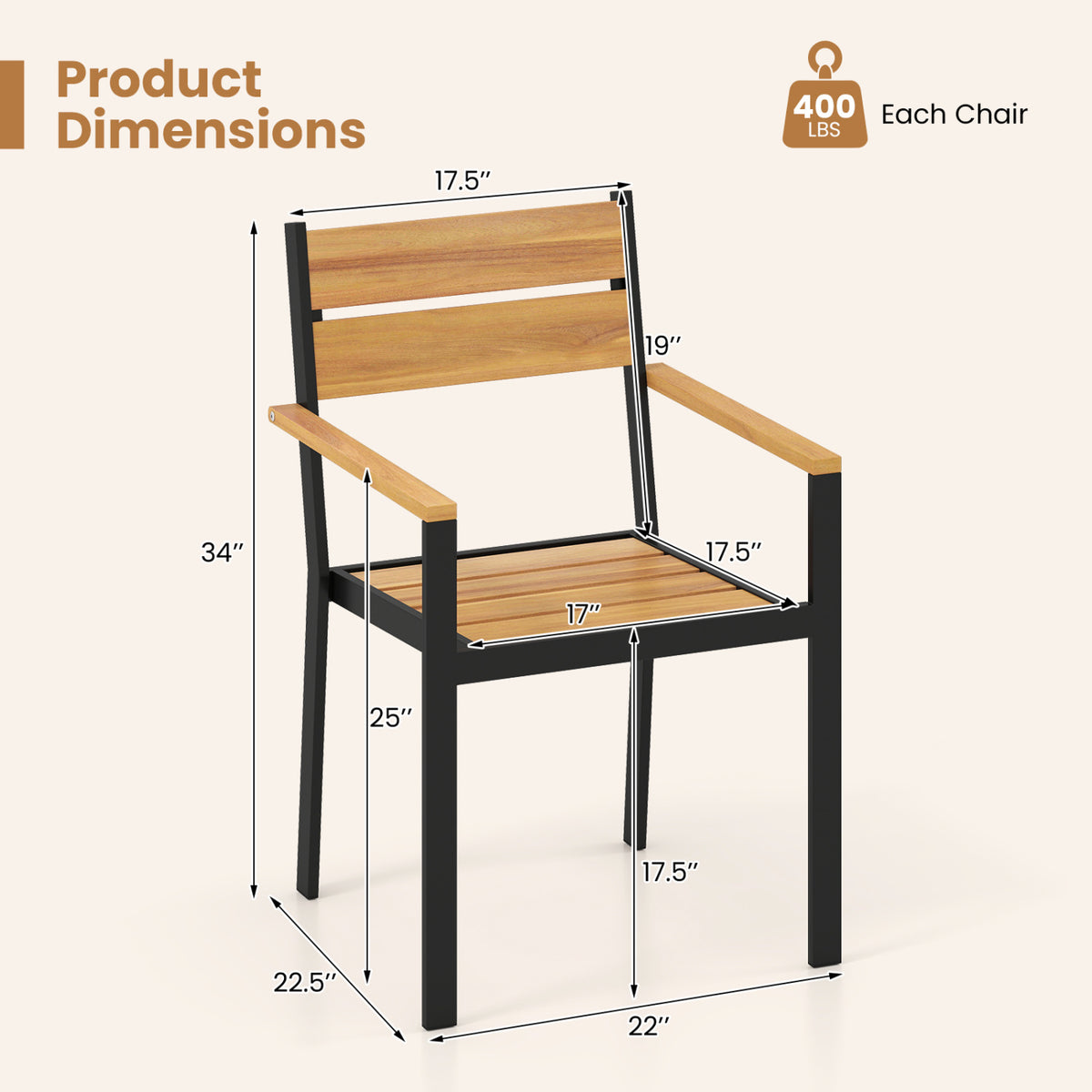 2 piece Outside Patio Dining Chair with Acacia Armrest for Backyard Garden