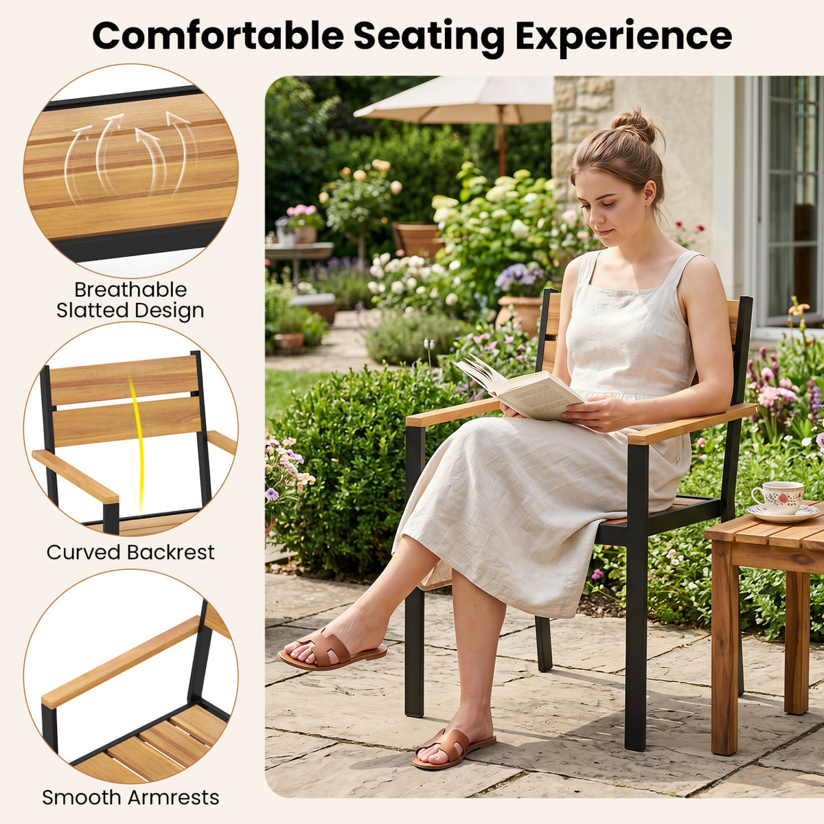 2 piece Outside Patio Dining Chair with Acacia Armrest for Backyard Garden