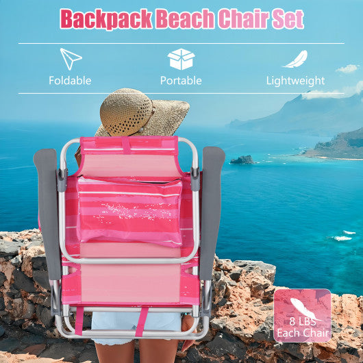 2 Pieces Folding Backpack Beach Chair with Pillow-Hot Pink
