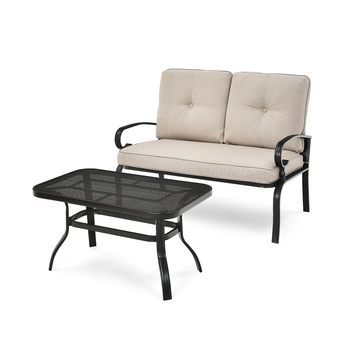 2 Pieces Patio Loveseat Bench Table Furniture Set with Cushioned Chair-Beige