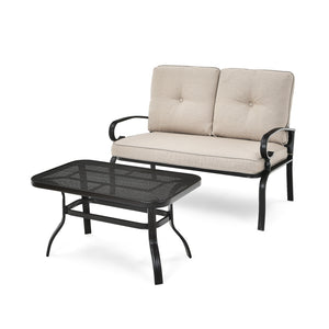 2 Pieces Patio Loveseat Bench Table Furniture Set with Cushioned Chair-Beige