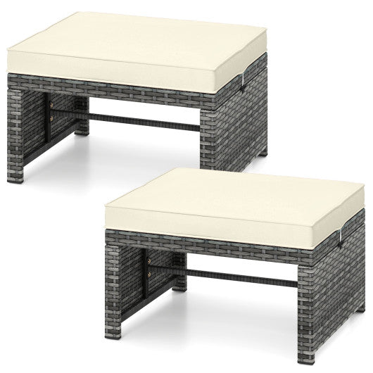 2 Pieces Patio PE Rattan Ottomans with Soft Zippered Cushions for Deck-White