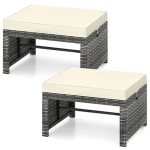2 Pieces Patio PE Rattan Ottomans with Soft Zippered Cushions for Deck-White