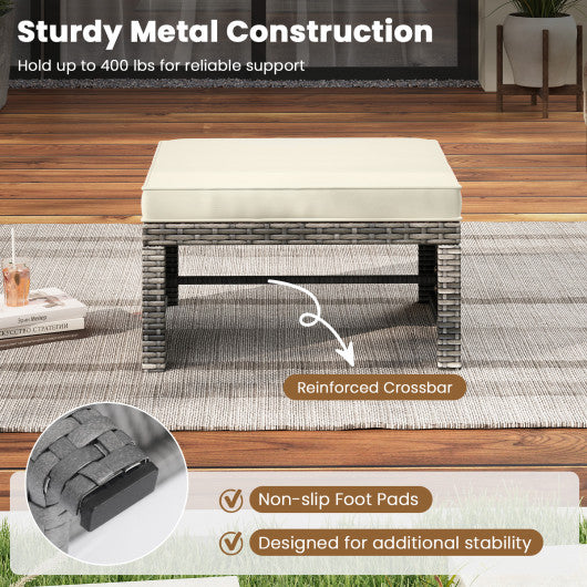 2 Pieces Patio PE Rattan Ottomans with Soft Zippered Cushions for Deck-White