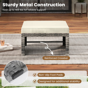 2 Pieces Patio PE Rattan Ottomans with Soft Zippered Cushions for Deck-White