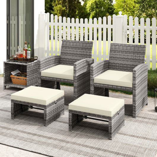 2 Pieces Patio PE Rattan Ottomans with Soft Zippered Cushions for Deck-White