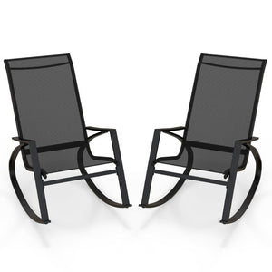 2 Pieces Patio Rocking Chairs Outdoor Sling Fabric Rockers with Ergonomic Backrest and Seat-Black