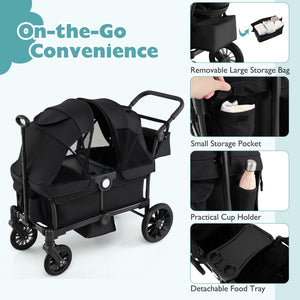 2 Seater Push Pull Collapsible Kids Wagon Stroller with Adjustable Handlebars-Black