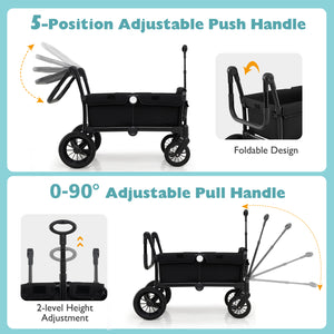 2 Seater Push Pull Collapsible Kids Wagon Stroller with Adjustable Handlebars-Black