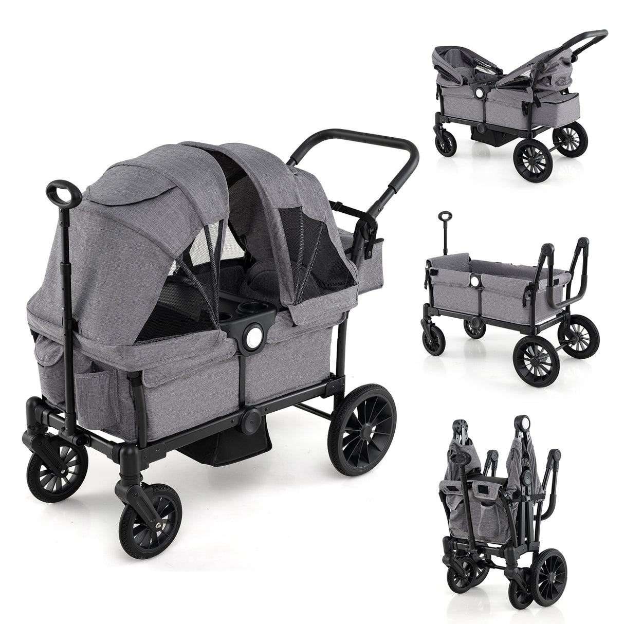 2 Seater Push Pull Collapsible Kids Wagon Stroller with Adjustable Handlebars-Gray