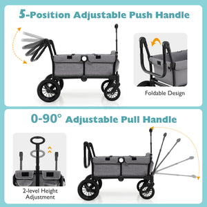 2 Seater Push Pull Collapsible Kids Wagon Stroller with Adjustable Handlebars-Gray