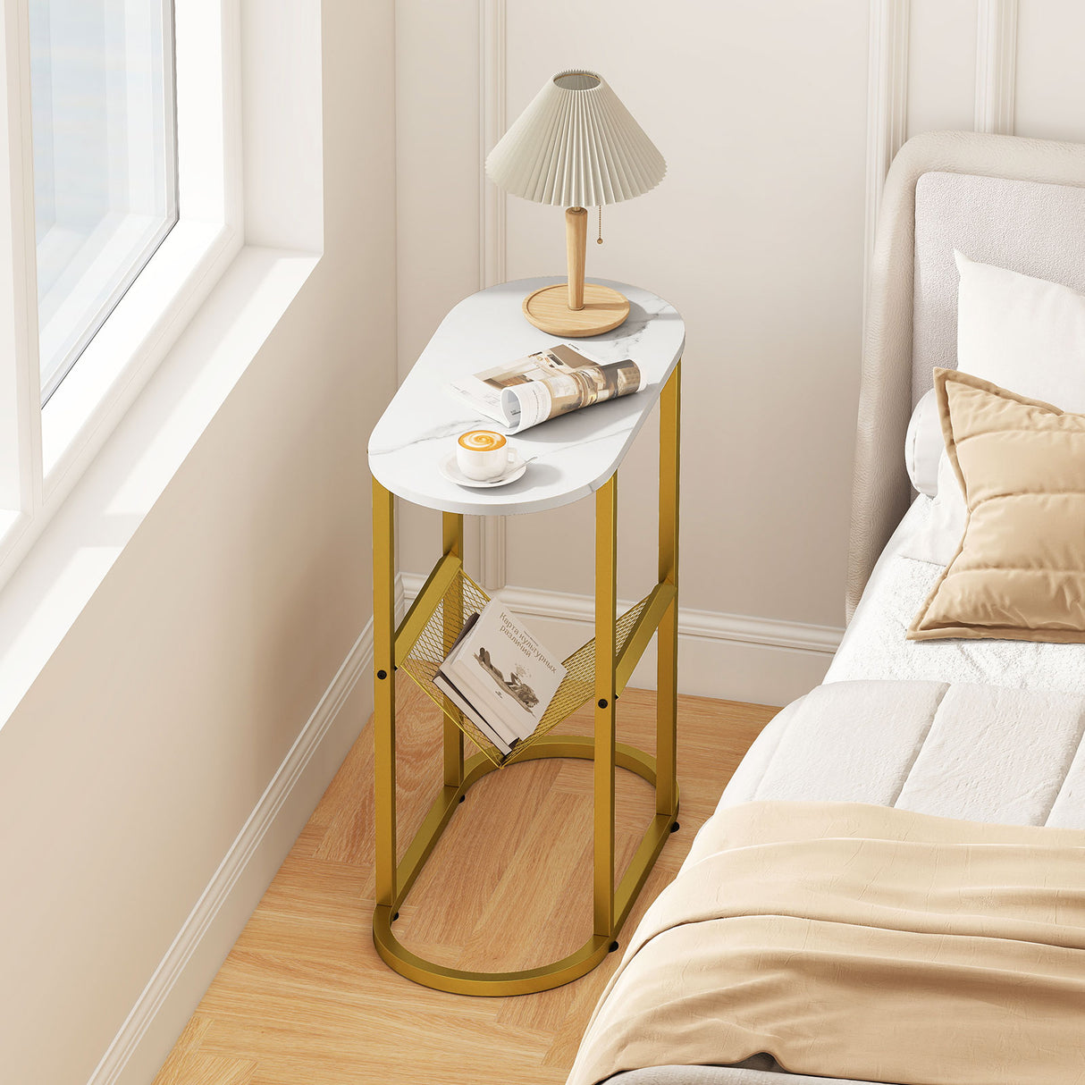 2-tier Industrial Oval Side Table with Mesh Shelf-White