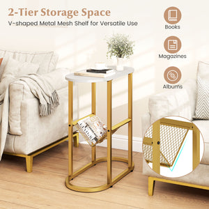 2-tier Industrial Oval Side Table with Mesh Shelf-White