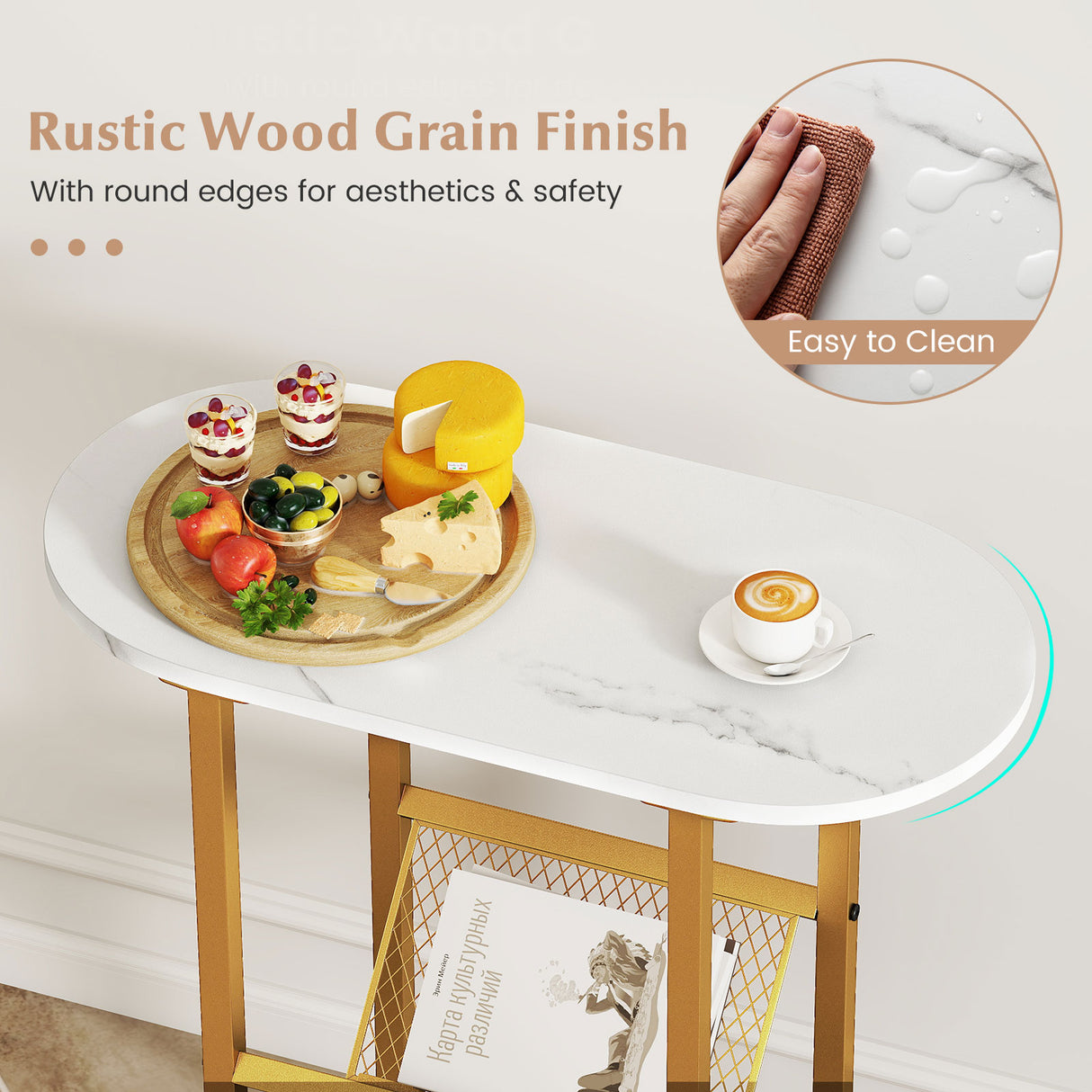 2-tier Industrial Oval Side Table with Mesh Shelf-White