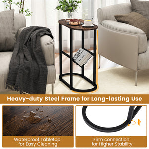 2-tier Oval Narrow Bedside End Table-Rustic Brown