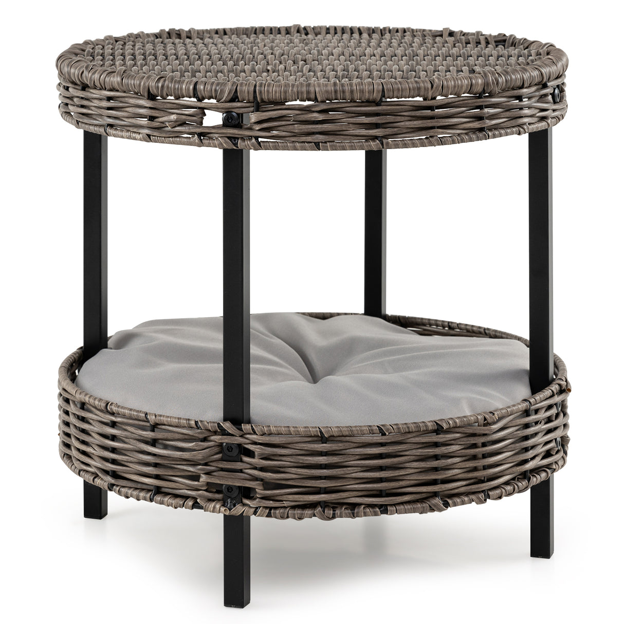 2-tier Rattan Cat Nest with Removable Padded Cushion-Gray