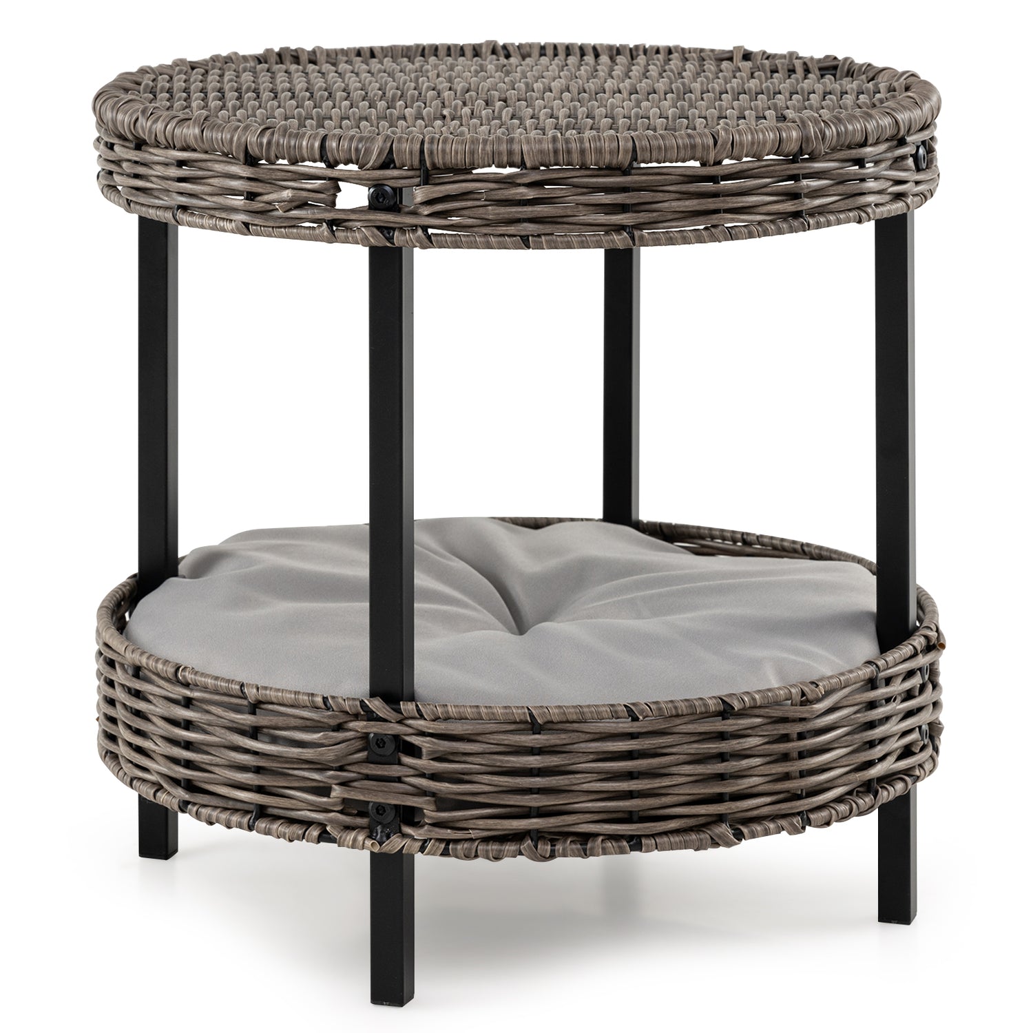 2-tier Rattan Cat Nest with Removable Padded Cushion-Gray