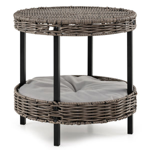 2-tier Rattan Cat Nest with Removable Padded Cushion-Gray