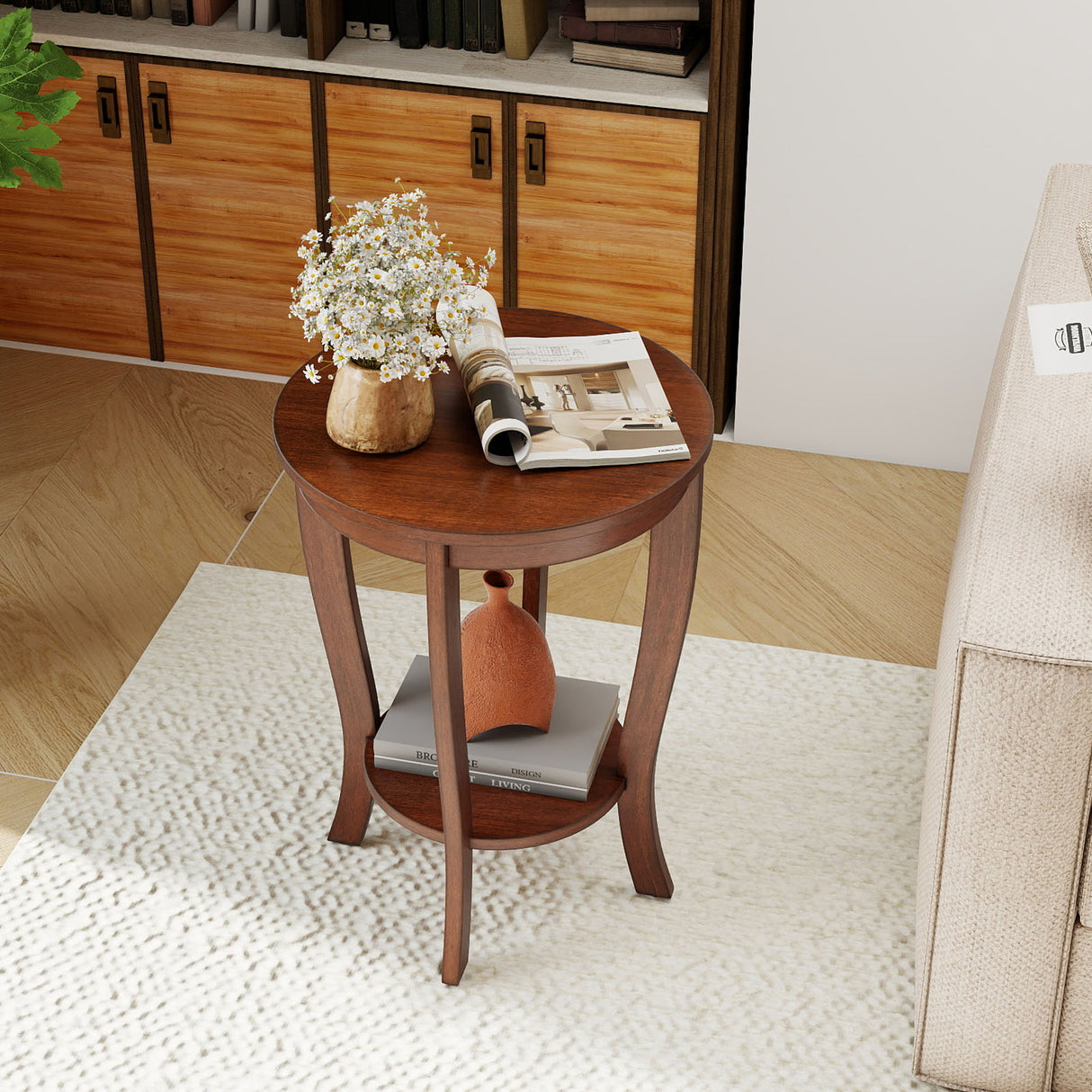 2-tier Round End Table with Solid Wood Legs-Brown