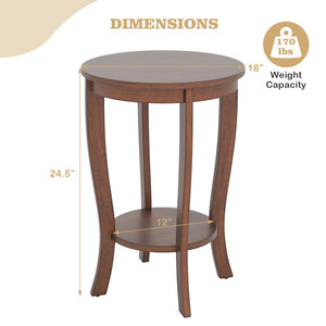 2-tier Round End Table with Solid Wood Legs-Brown