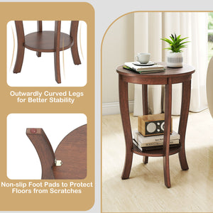 2-tier Round End Table with Solid Wood Legs-Brown