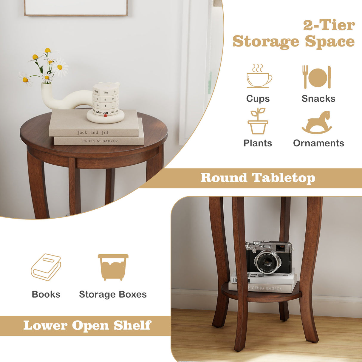 2-tier Round End Table with Solid Wood Legs-Brown
