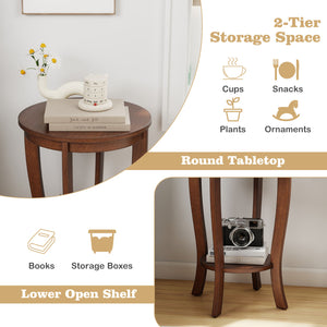 2-tier Round End Table with Solid Wood Legs-Brown