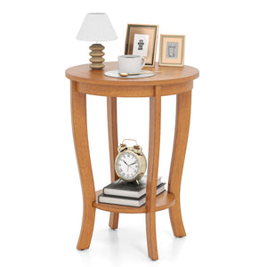 2-tier Round End Table with Solid Wood Legs-Natural