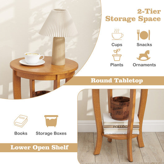 2-tier Round End Table with Solid Wood Legs-Natural