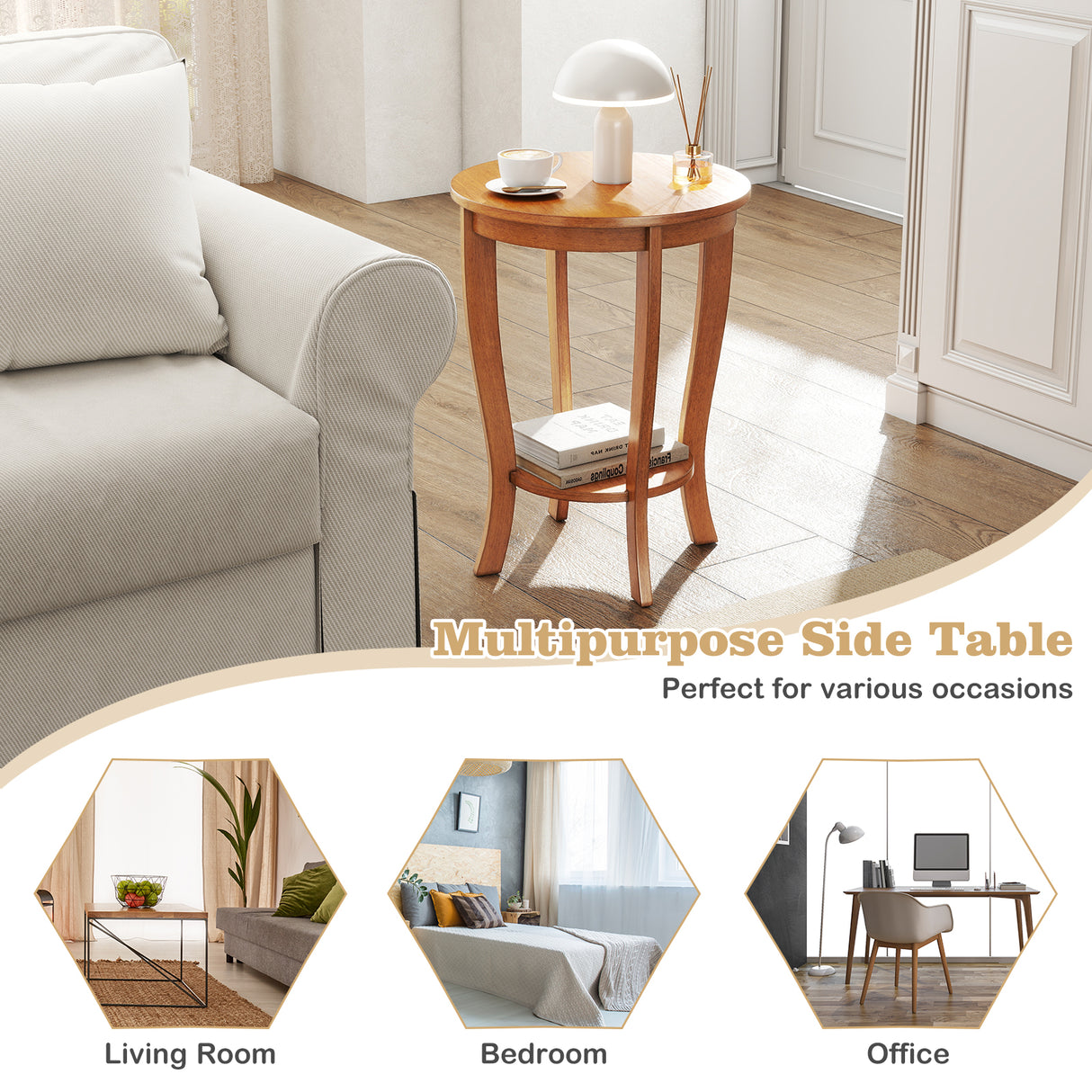 2-tier Round End Table with Solid Wood Legs-Natural