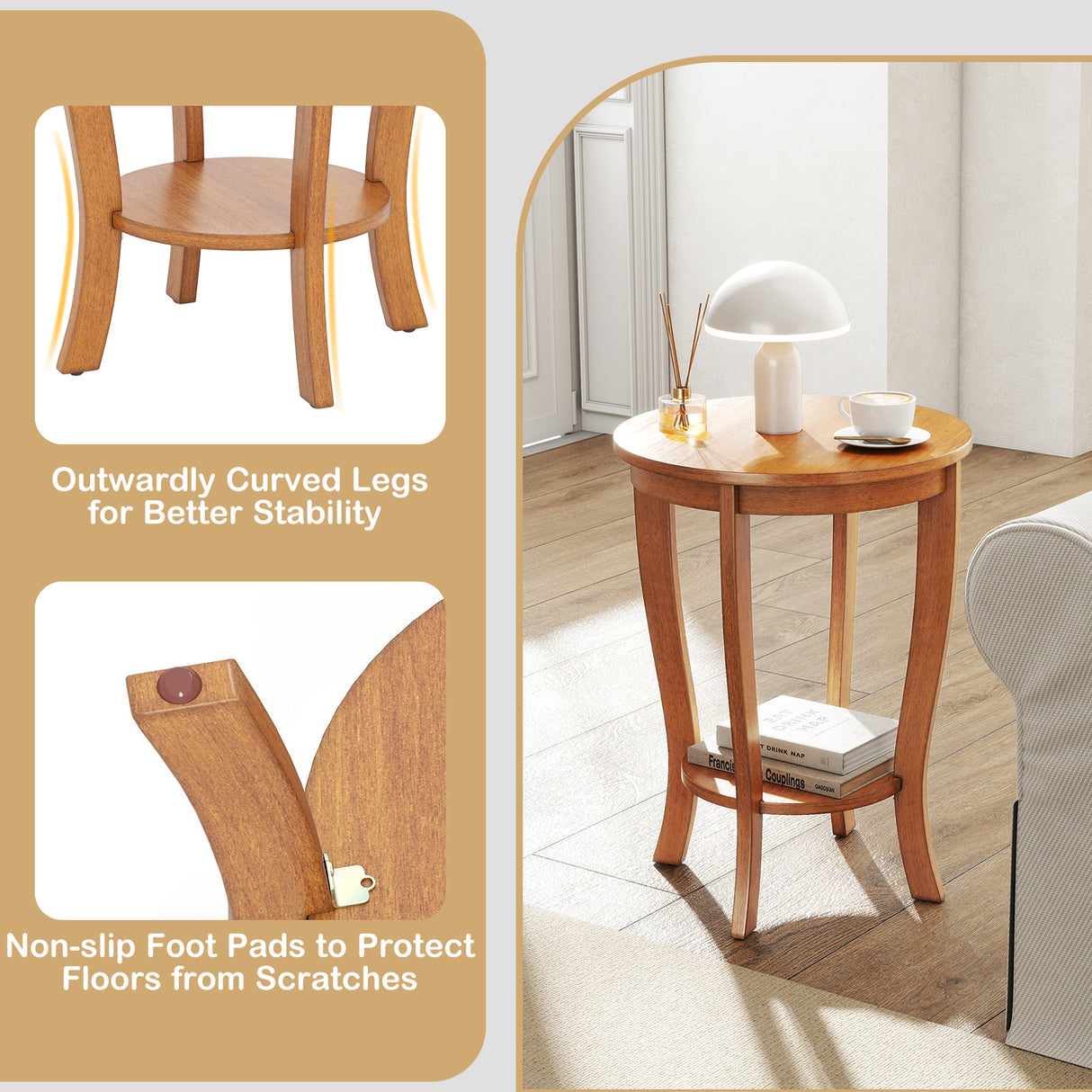 2-tier Round End Table with Solid Wood Legs-Natural