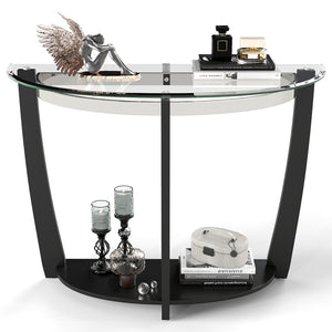 2-tier Tempered Glass Console Table with Clear Glass Top and Open Shelf-Black