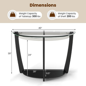 2-tier Tempered Glass Console Table with Clear Glass Top and Open Shelf-Black