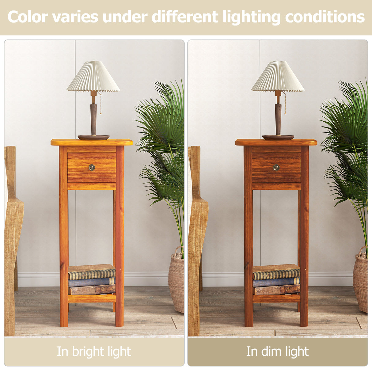 2 Tier Slim Nightstand Bedside Table with Drawer Shelf-Brown