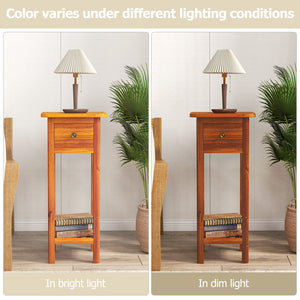 2 Tier Slim Nightstand Bedside Table with Drawer Shelf-Brown
