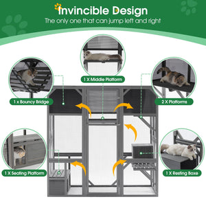 Couch.com Outdoor Wooden Cat House Catio Enclosure With Super Large Enter Door Cat Kennel With Bouncy Bridge, Platforms And Small Houses Walk In Kitten Cage With Sunshine Board Dark Gray by Couch.com