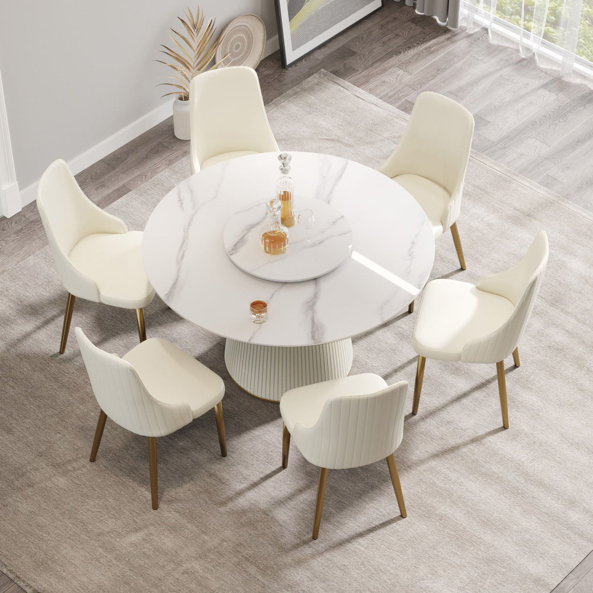 Modern Artificial Stone Round Plywood Base Dining Table, Can Accommodate 6 People, Artificial Stone Turntable (Not Including Chairs) - White / Beige by Couch.com
