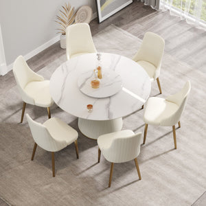 Modern Artificial Stone Round Plywood Base Dining Table, Can Accommodate 6 People, Artificial Stone Turntable (Not Including Chairs) - White / Beige by Couch.com