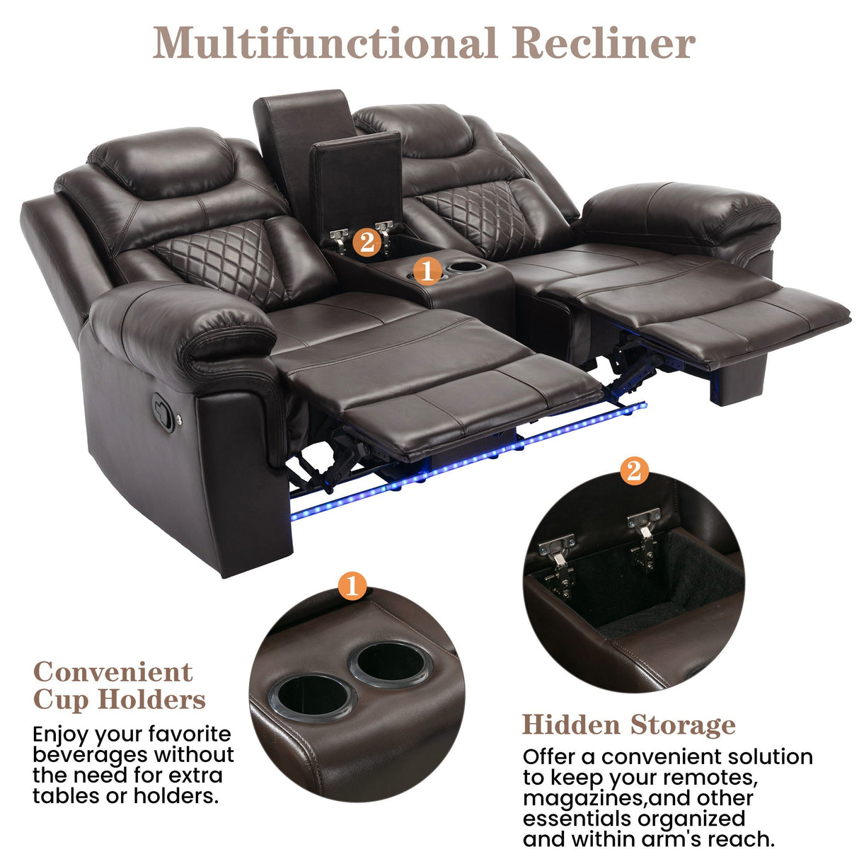 Home Theater Seating Manual Recliner Loveseat With Hide-Away Storage, Cup Holders And Led Light Strip For Living Room by Couch.com