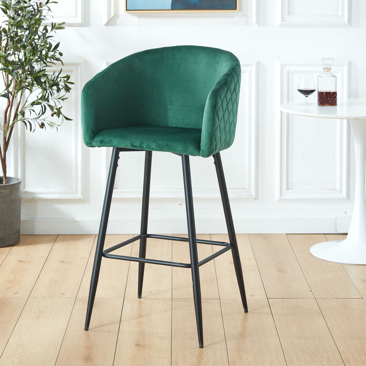 Counter Height Bar Stool, Metal Legs, Velvet Upholstered For Pub, Restaurant, Kitchen Island (Set of 2) - Black / Green by Couch.com