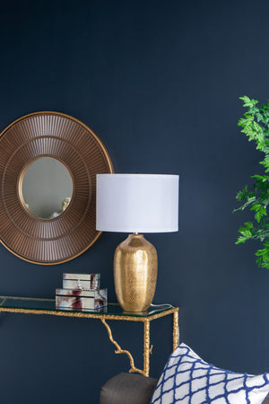 D15x25.7' Round Aluminum Sheet Gold Table Lamp with White Fabric Shade