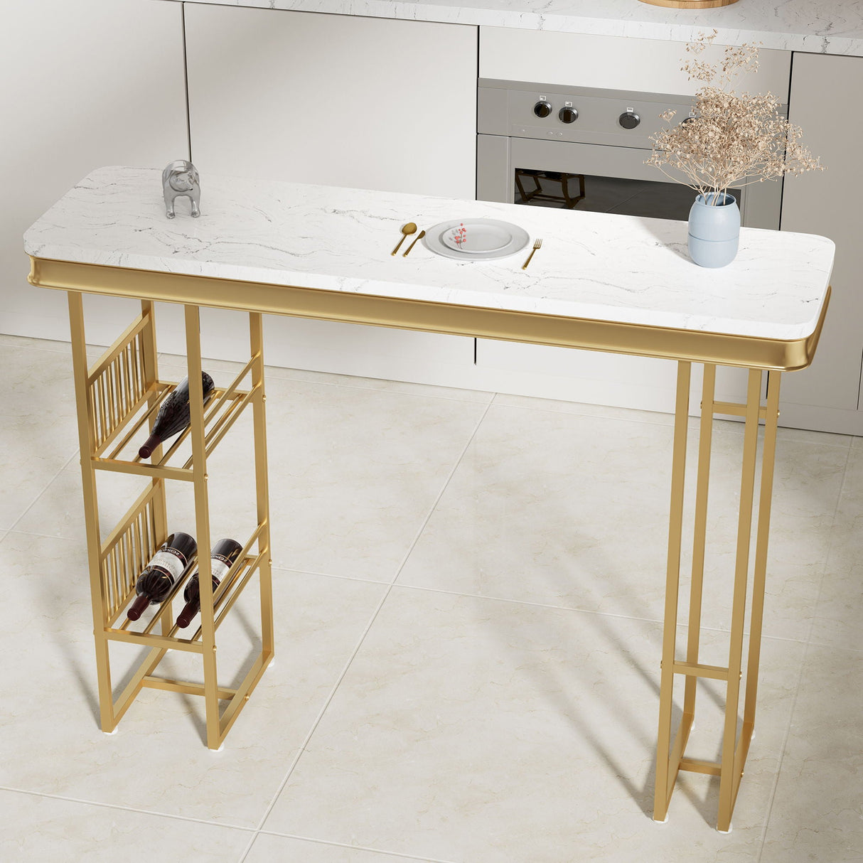 Modern Straight Bar Table With Shelves - White / Gold by Couch.com