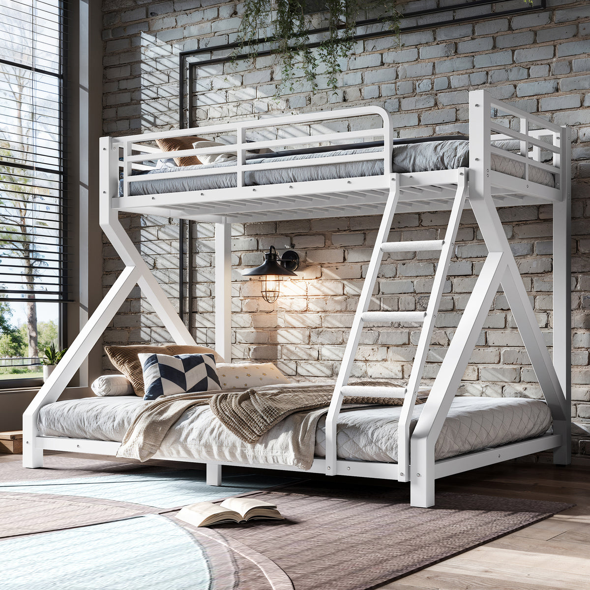 Twin over Full Bunk Bed with ladders, Metal Bunk Bed with Full Upgraded Support Slats, Low Profile Bunk Bed, White
