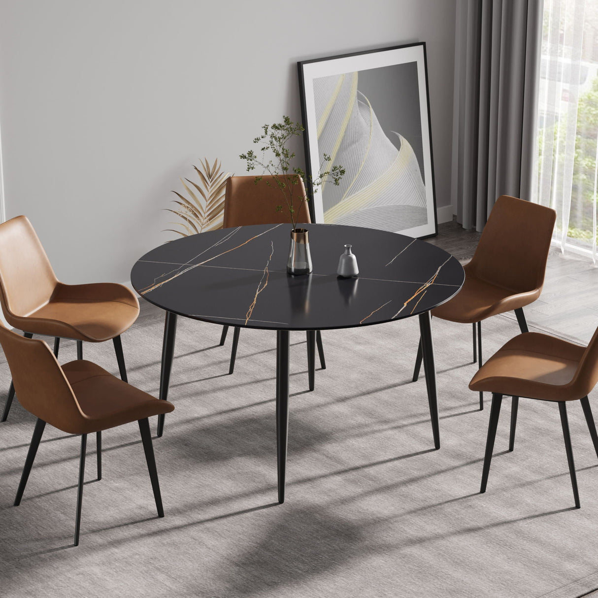 Modern Artificial Stone Round Dining Table With Metal Legs, Can Accommodate 6 People - Black by Couch.com