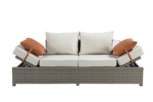 Salena - All Weather Wicker Patio Sofa & Ottoman With 2 Toss Pillows - Beige / Gray by Couch.com