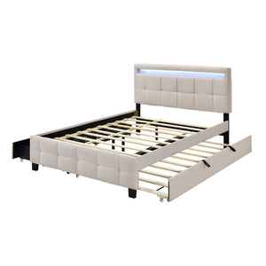 The Upholstered Platform Bed With LED Frame is a modern beige bed with a button-tufted headboard featuring an LED light strip, side storage drawer, footboard drawer, and visible wooden slats without a mattress.