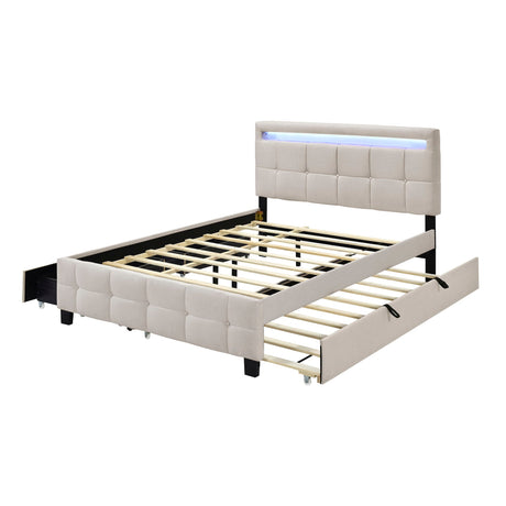 The Upholstered Platform Bed With LED Frame is a modern beige bed with a button-tufted headboard featuring an LED light strip, side storage drawer, footboard drawer, and visible wooden slats without a mattress.